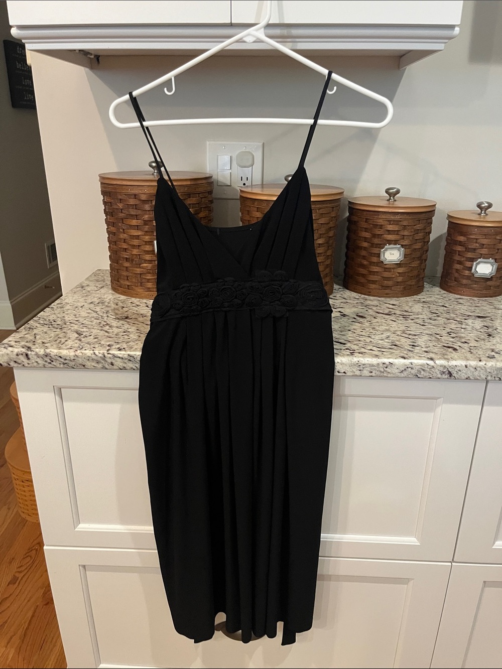 Black Spaghetti-Strap Cocktail Dress with Floral Waist